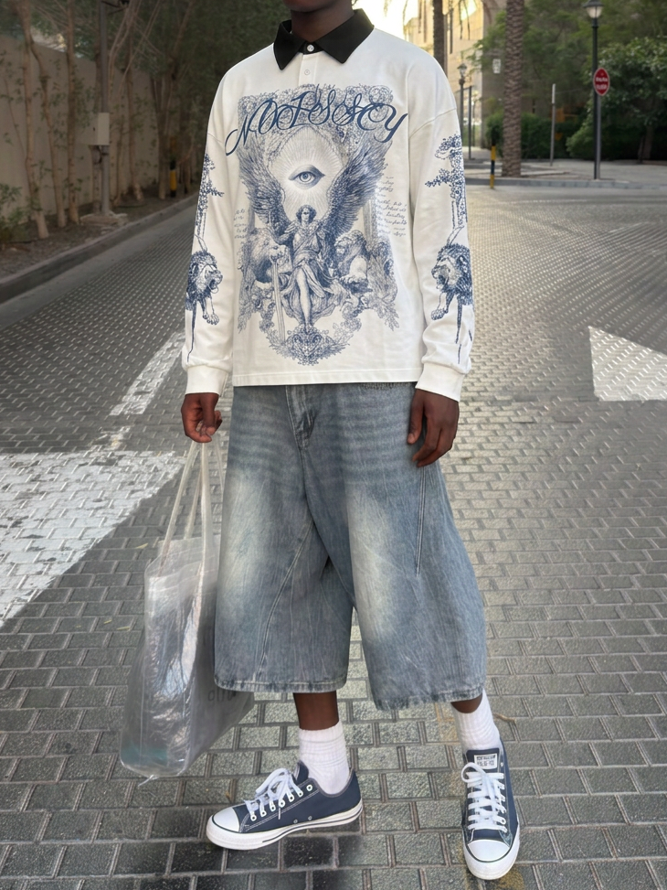 NOISSEY Archangel Michael Cyanotype Graphic Heavyweight Contrast Collar Polo Long Sleeves