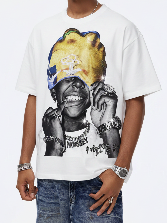 NOISSEY Yellow &amp; Blue Knit Beanie Hip-Hop Boy Graphic Boxy Tee - White Heavyweight Streetwear T-Shirt