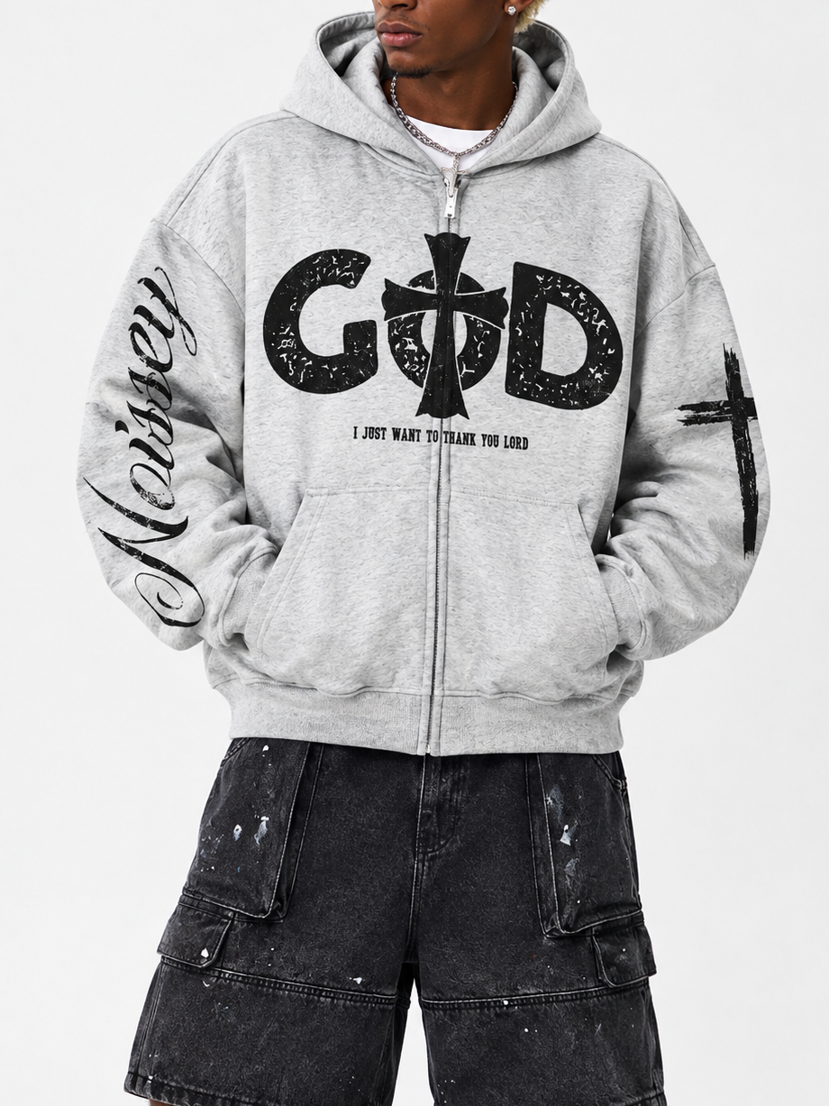 NOISSEY God Cross Religious Distressed Graphic Heavyweight Zip-Up Hoodie - Heather Gray Streetwear Sweatshirt