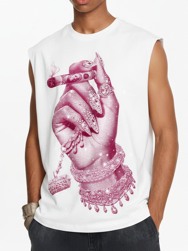 NOISSEY Diamond Nail &amp; Bracelet Hand Gesture Graphic Tank Top - Pure White