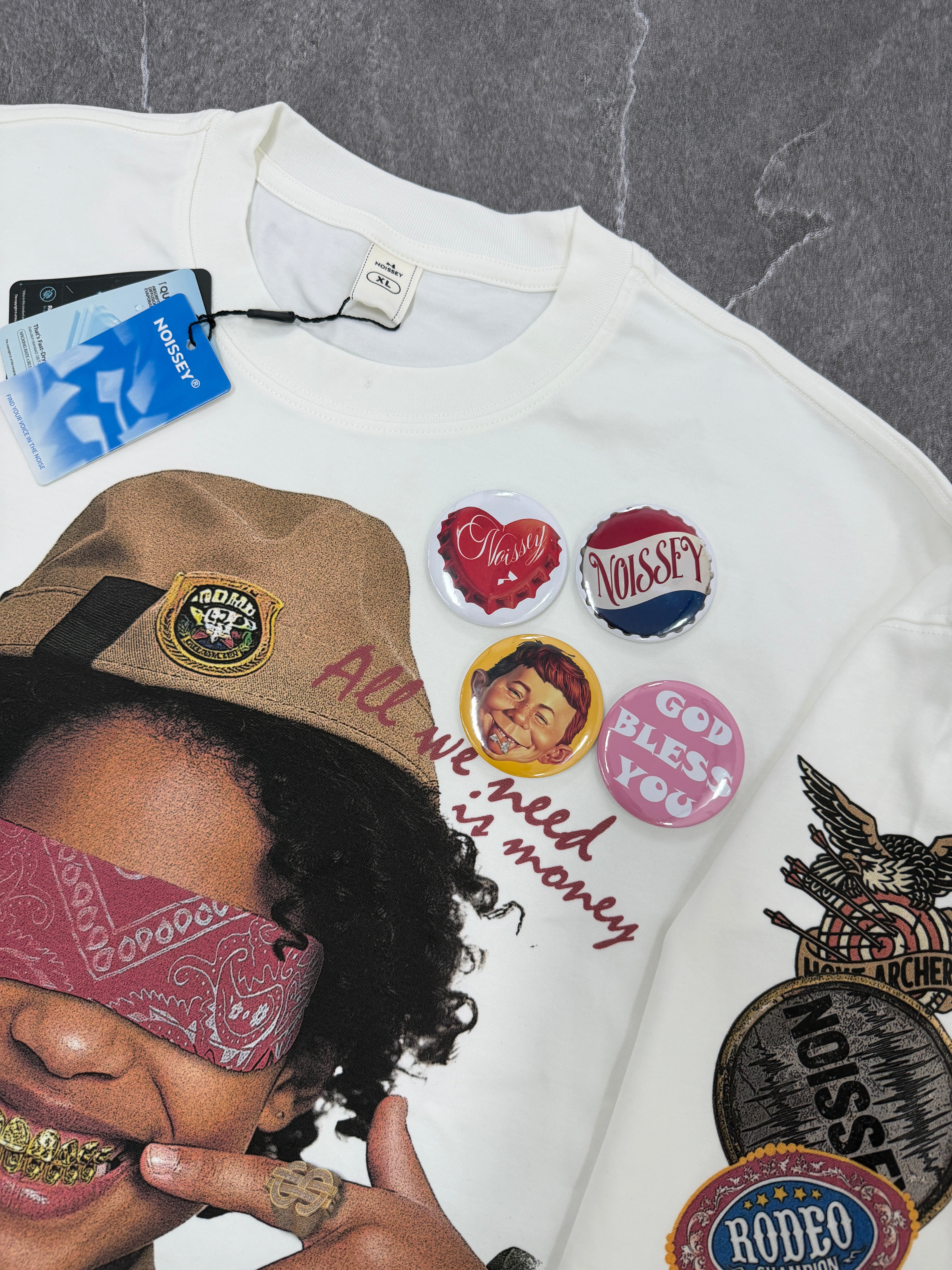 NOISSEY "Money Scout" Blindfolded Grillz Boy Asymmetric Sleeve Graphic Shirt