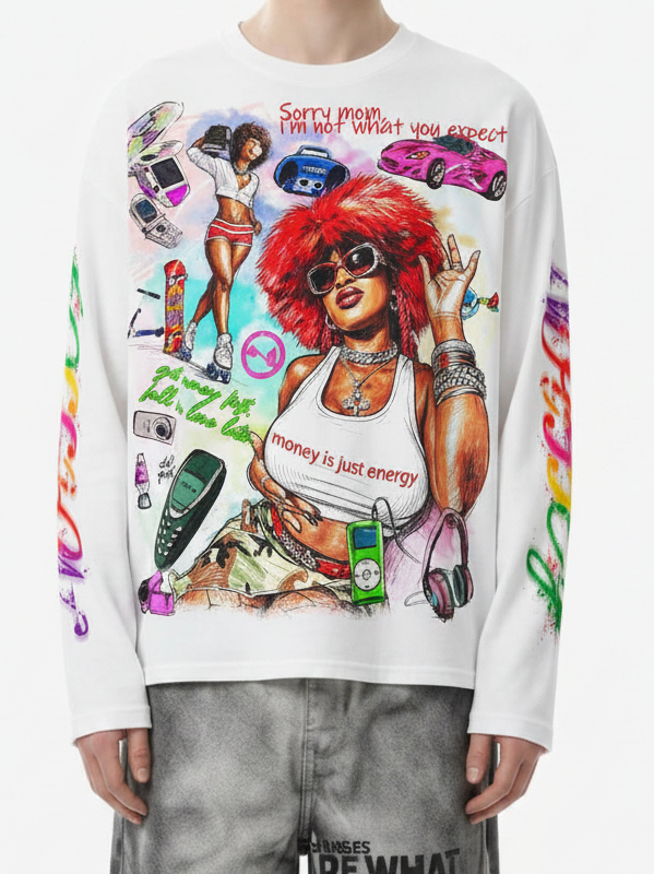 NOISSEY Y2K Retro Graffiti Female Portrait Long-Sleeve Sweatshirt - Pure White / Classic Black