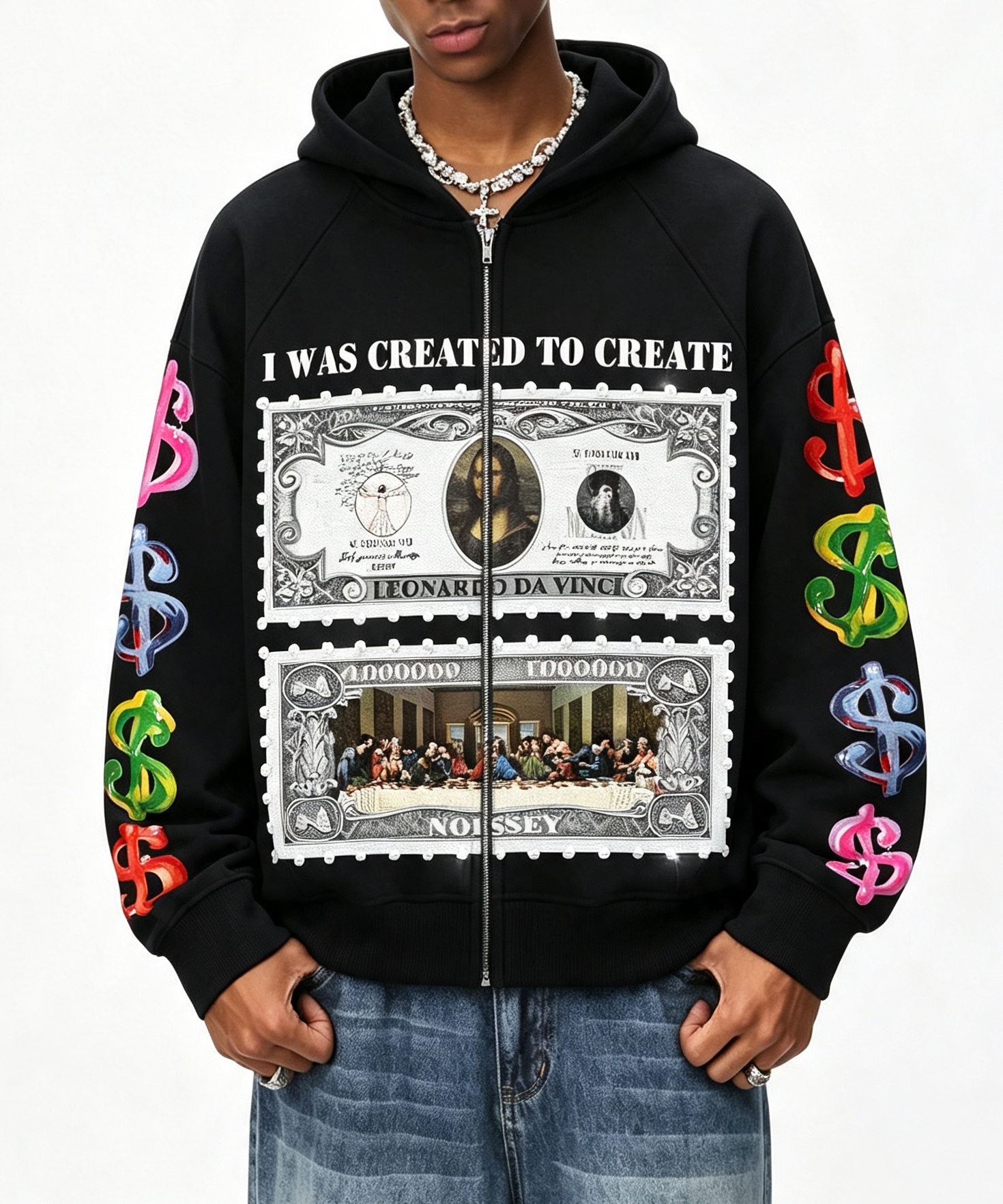 Felpa con cappuccio NOISSEY con grafica del timbro del dollaro sul capolavoro di Da Vinci e chiusura integrale con cerniera - Nero corvino