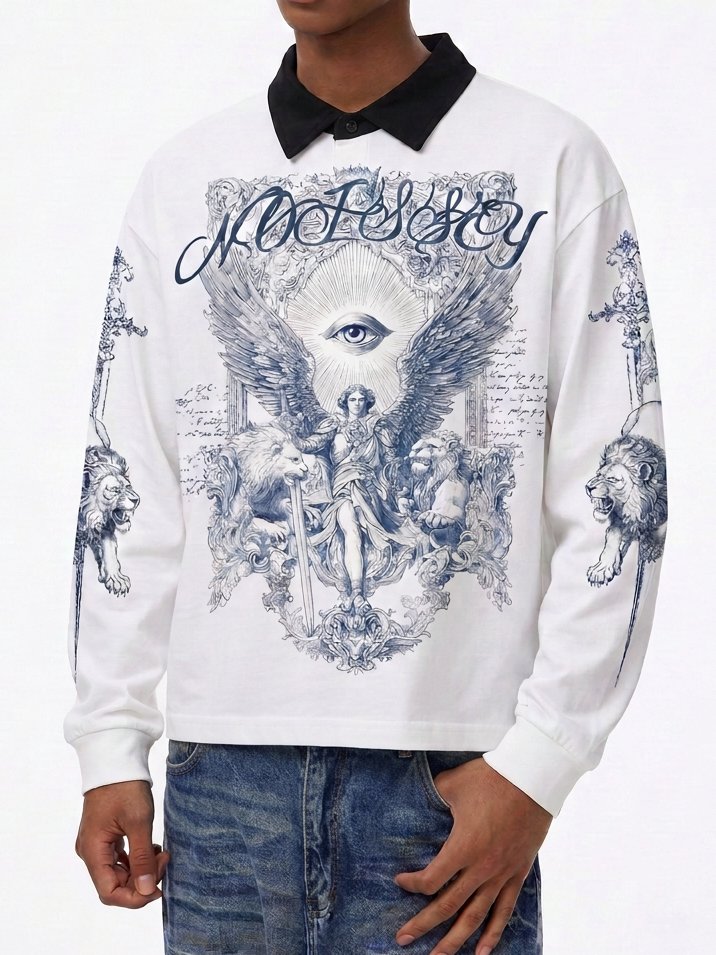 NOISSEY Archangel Michael Cyanotype Graphic Heavyweight Contrast Collar Polo Long Sleeves