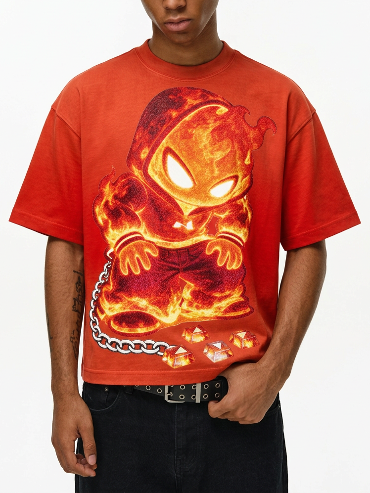 NOISSEY Orange Flameboy IP & Diamond Chain Graphic Orange-Red Gradient T-Shirt