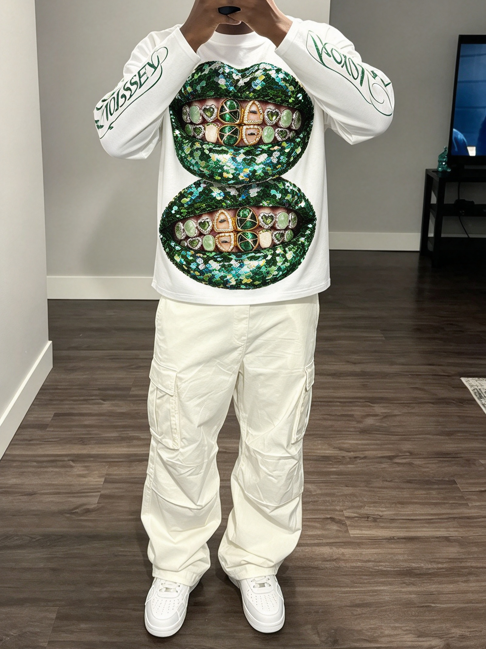 NOISSEY Double Green Glitter Lips Marble Grillz White Long Sleeve Shirt