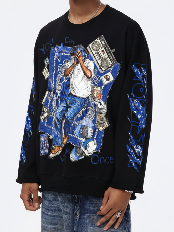 NOISSEY YOLO Blue Paisley Vintage Rap Sketch Graphic Long Sleeve - White / Black Boxy Streetwear Shirt