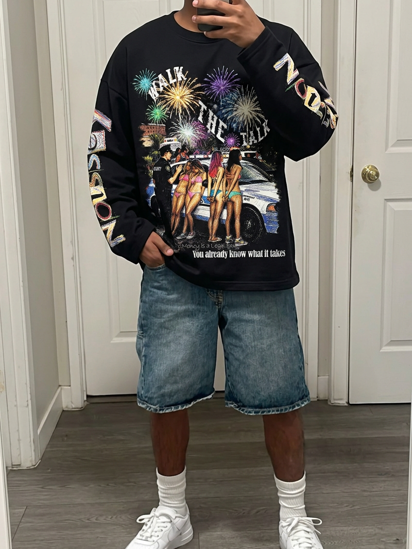 NOISSEY "WALK THE TALK" Party Police & Fireworks Crayon Graffiti Black Long Sleeve Tee