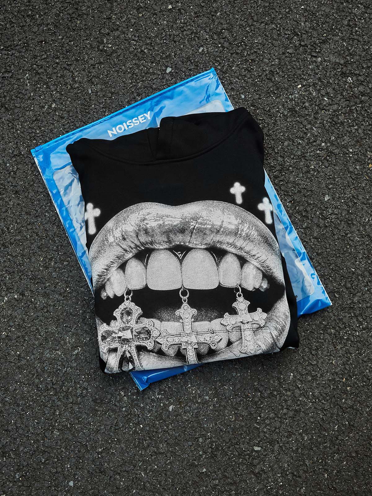 NOISSEY "Silver Sanctuary" Iced-Out Cross Graphic Hoodie - Midnight Black