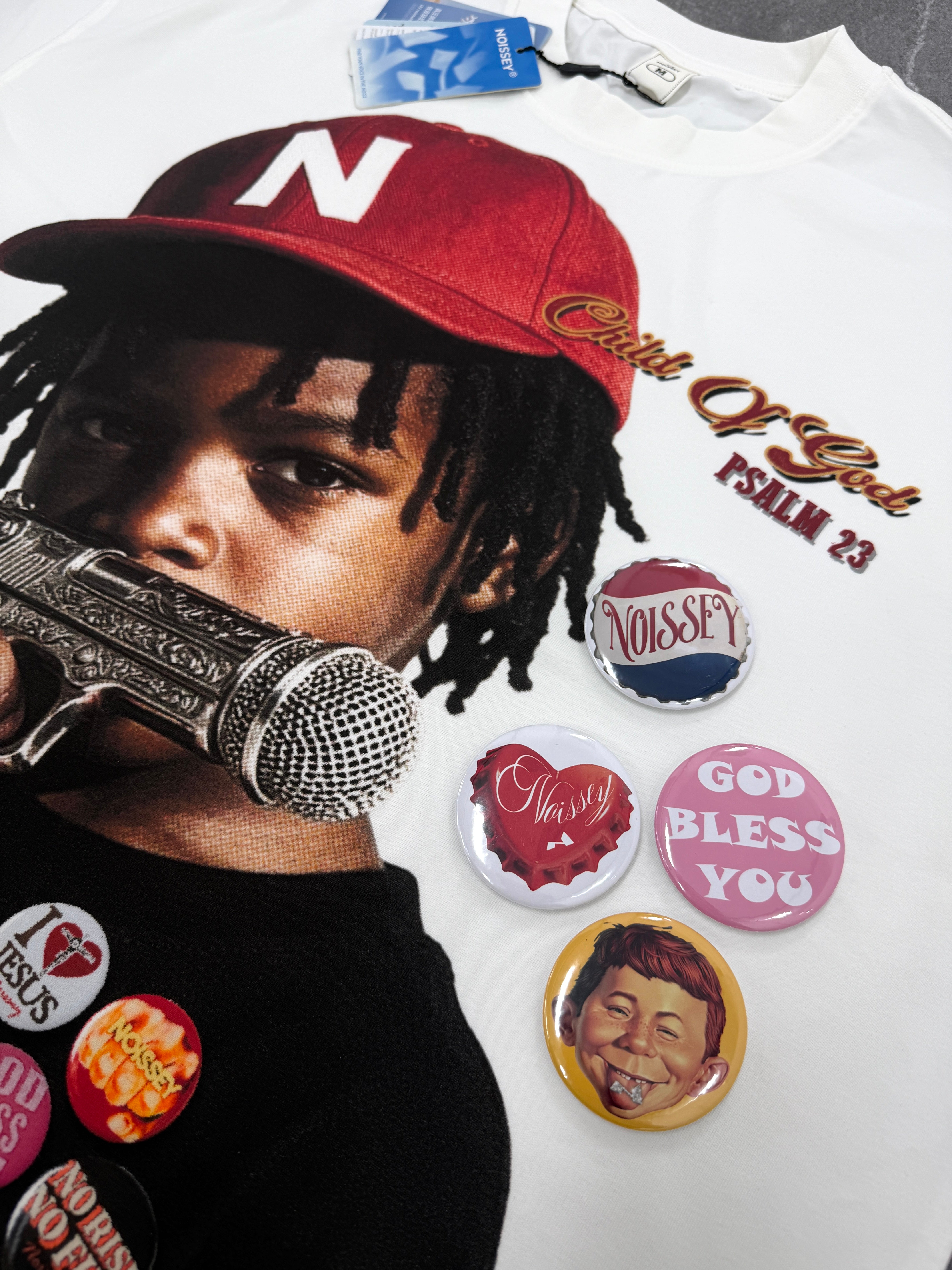 NOISSEY "Child Of God" Engraved Mic Pistol Graphic Boxy Oversized T-Shirt