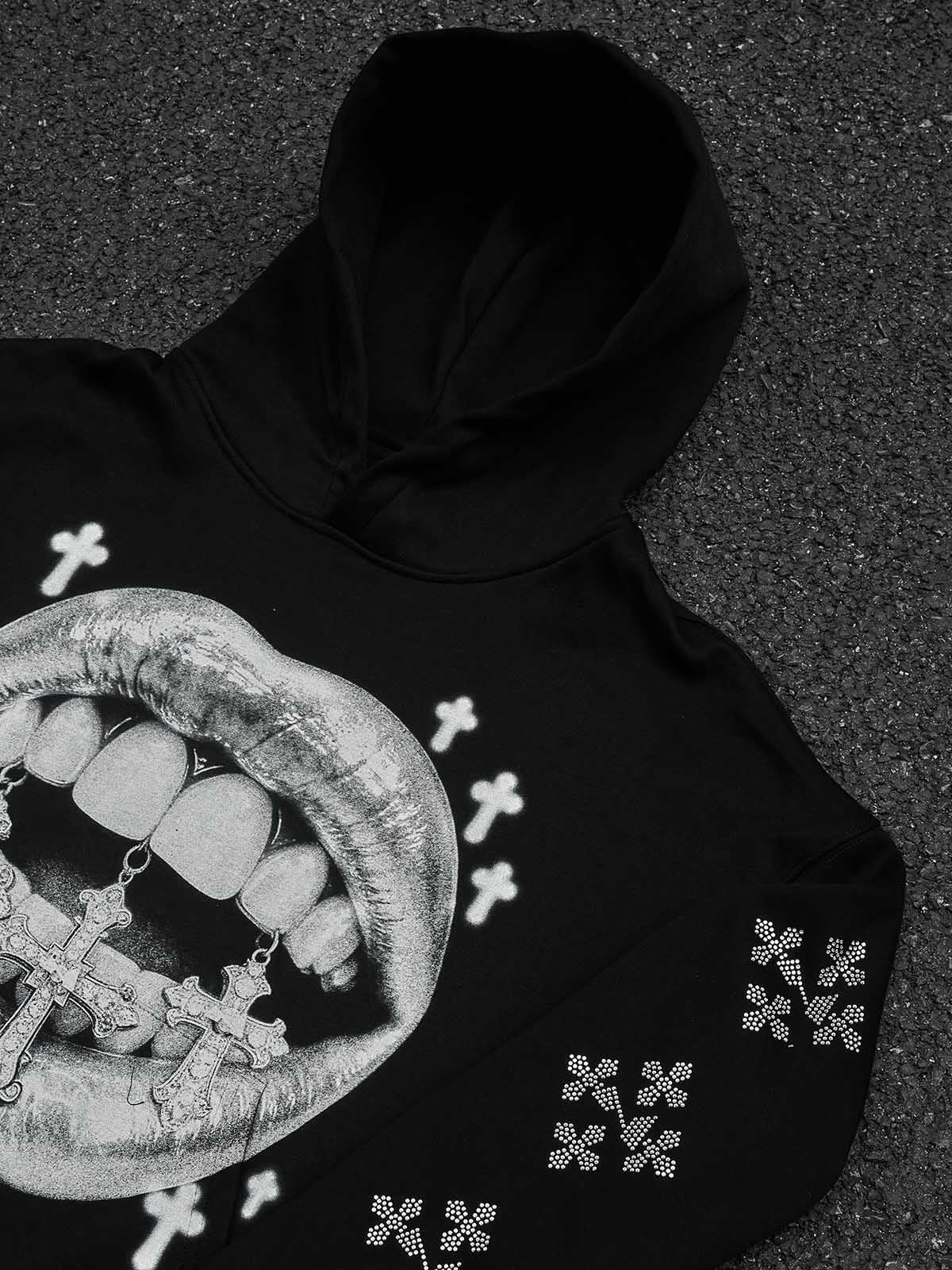 NOISSEY "Silver Sanctuary" Iced-Out Cross Graphic Hoodie - Midnight Black