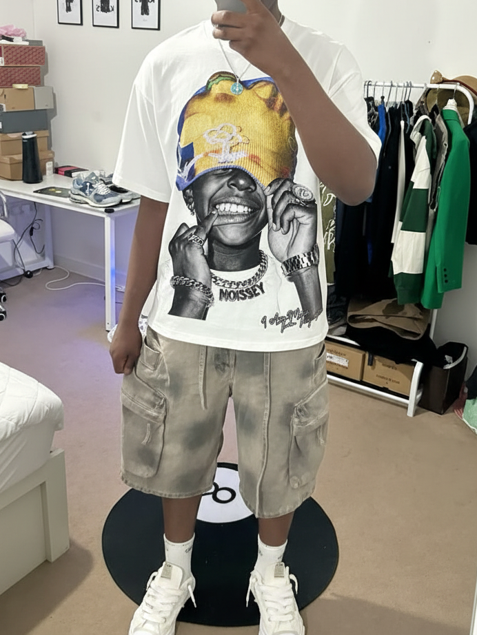 NOISSEY Yellow &amp; Blue Knit Beanie Hip-Hop Boy Graphic Boxy Tee - White Heavyweight Streetwear T-Shirt