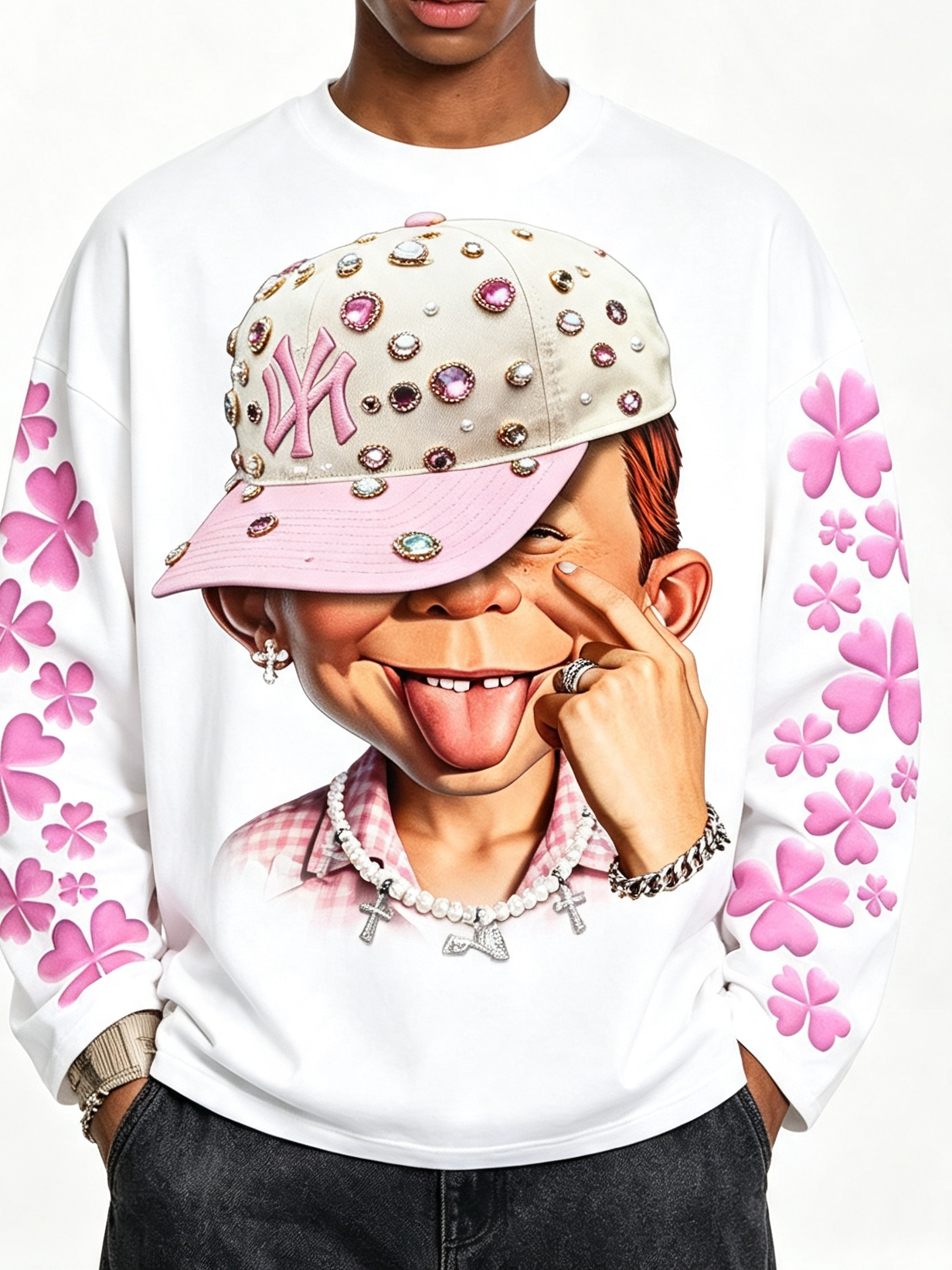 Maglia a maniche lunghe grafica NOISSEY "Lucky Clover Kid" - Bianca studio di alta grammatura