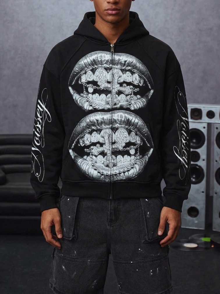 NOISSEY Silver Metallic Lips & Chrome Cross Graphic Boxy Hoodie – Black