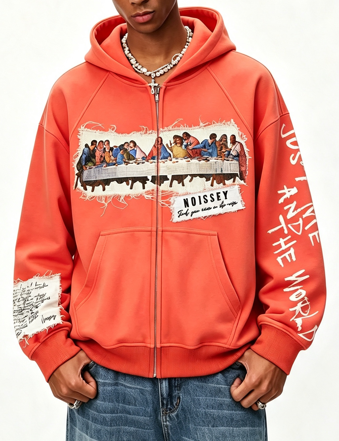 NOISSEY Vintage "The Last Supper" Faux Raw-Edge Patchwork Full-Zip Hoodie - Heritage Orange