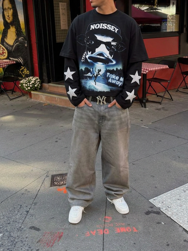 NOISSEY "Take Me Away" Alien Cow UFO Parody Black Fake Two-Piece Long-Sleeve Tee