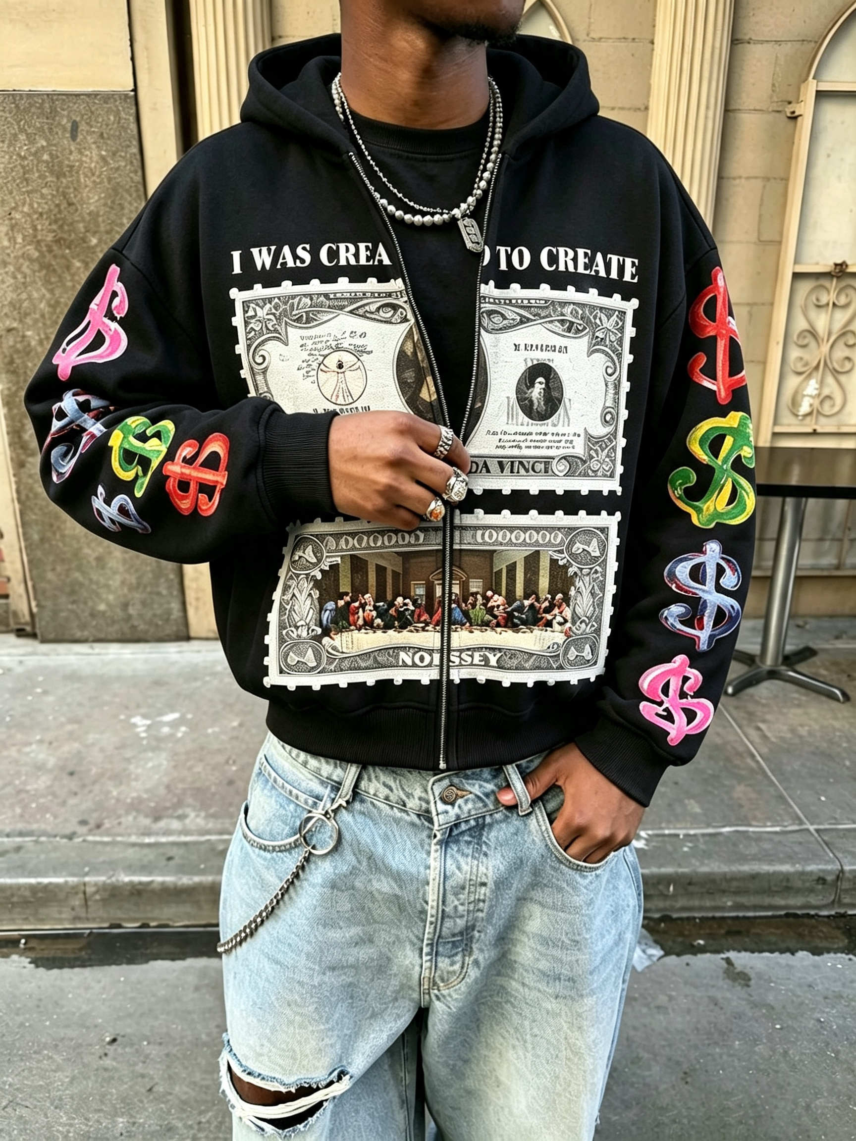 Felpa con cappuccio NOISSEY con grafica del timbro del dollaro sul capolavoro di Da Vinci e chiusura integrale con cerniera - Nero corvino