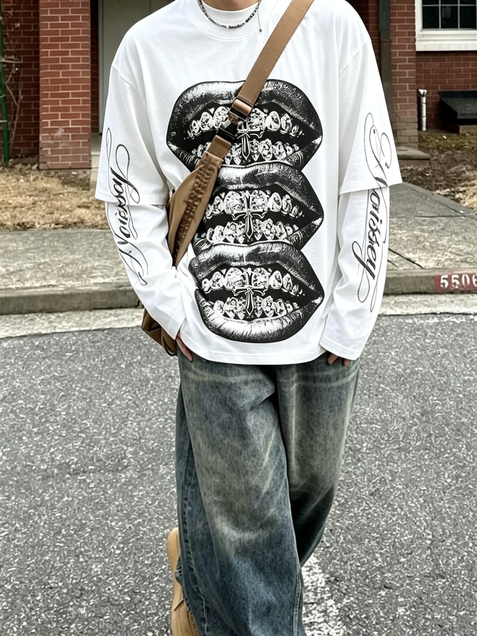 NOISSEY Monochrome Triple Iced-Out Cross Lips Faux Layer Long Sleeves - White Streetwear