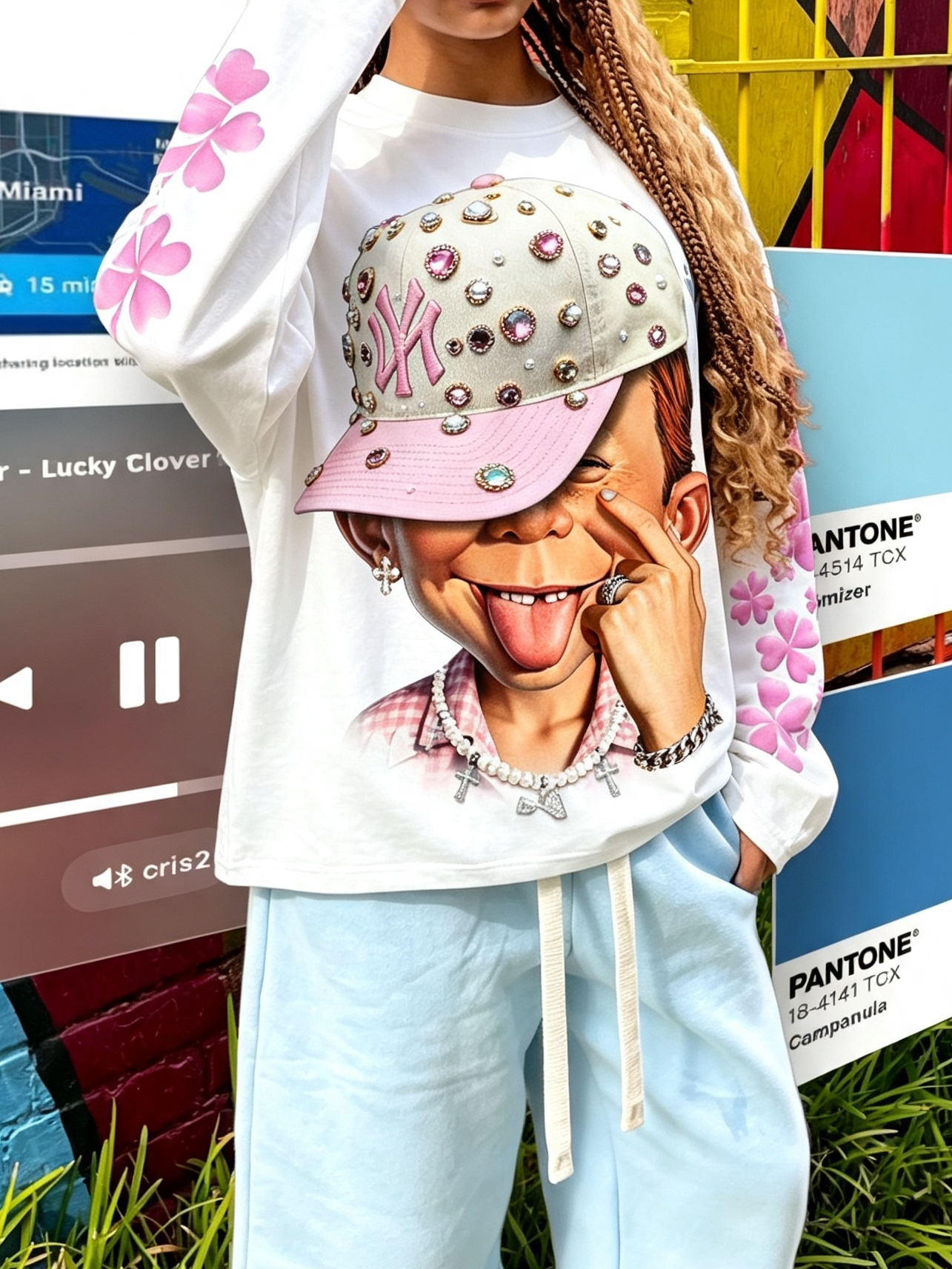 Maglia a maniche lunghe grafica NOISSEY "Lucky Clover Kid" - Bianca studio di alta grammatura