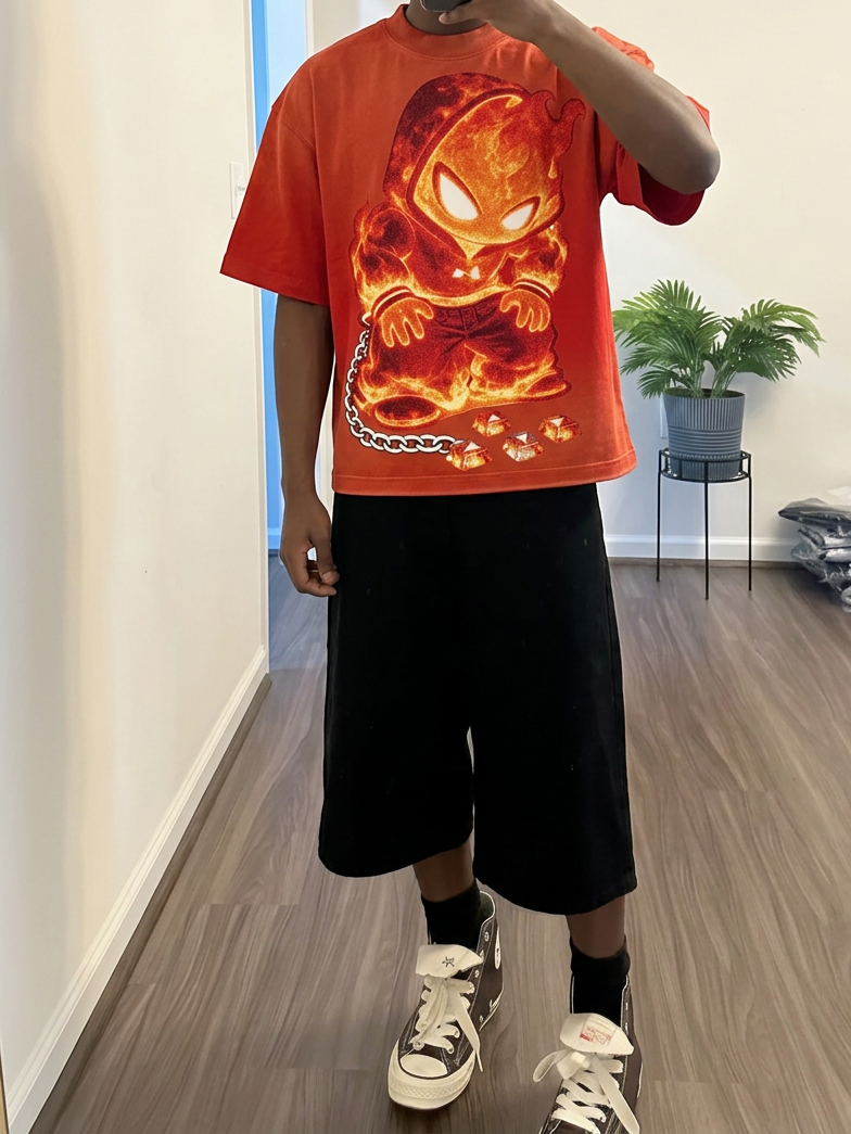 NOISSEY Orange Flameboy IP & Diamond Chain Graphic Orange-Red Gradient T-Shirt