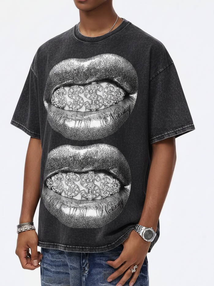 NOISSEY Double Silver Lips & Dollar Grillz Washed Vintage Oversized T-Shirt - Washed Black