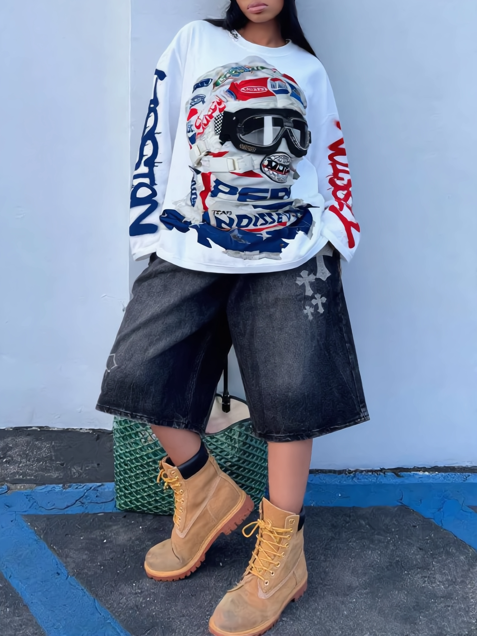 NOISSEY Speed Phantom Racing Mask Asymmetric Graffiti Long Sleeve Shirt - White