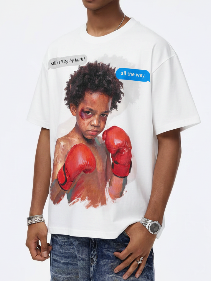 NOISSEY "Walking by Faith" Boxer Child Oil Painting Graphic Heavyweight Tee - Studio White