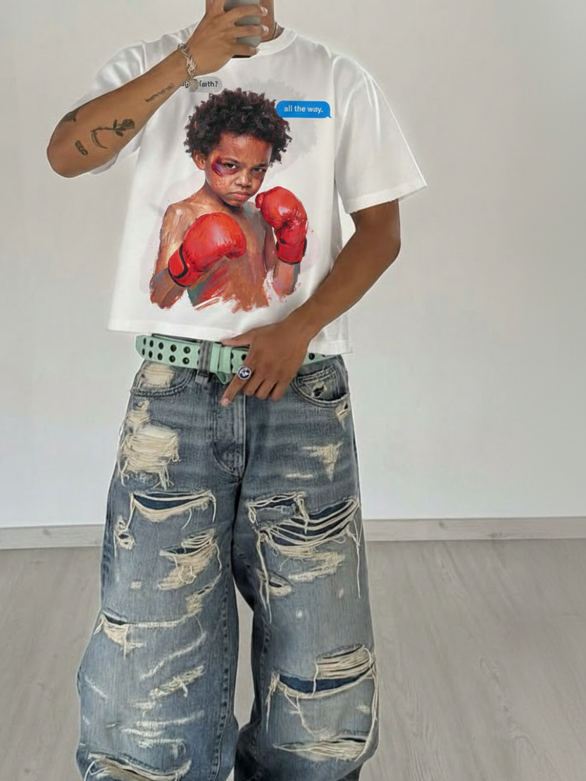 NOISSEY "Walking by Faith" Boxer Child Oil Painting Graphic Heavyweight Tee - Studio White