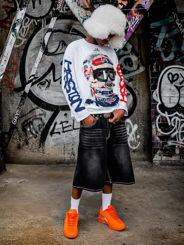 NOISSEY Speed Phantom Racing Mask Asymmetric Graffiti Long Sleeve Shirt - White