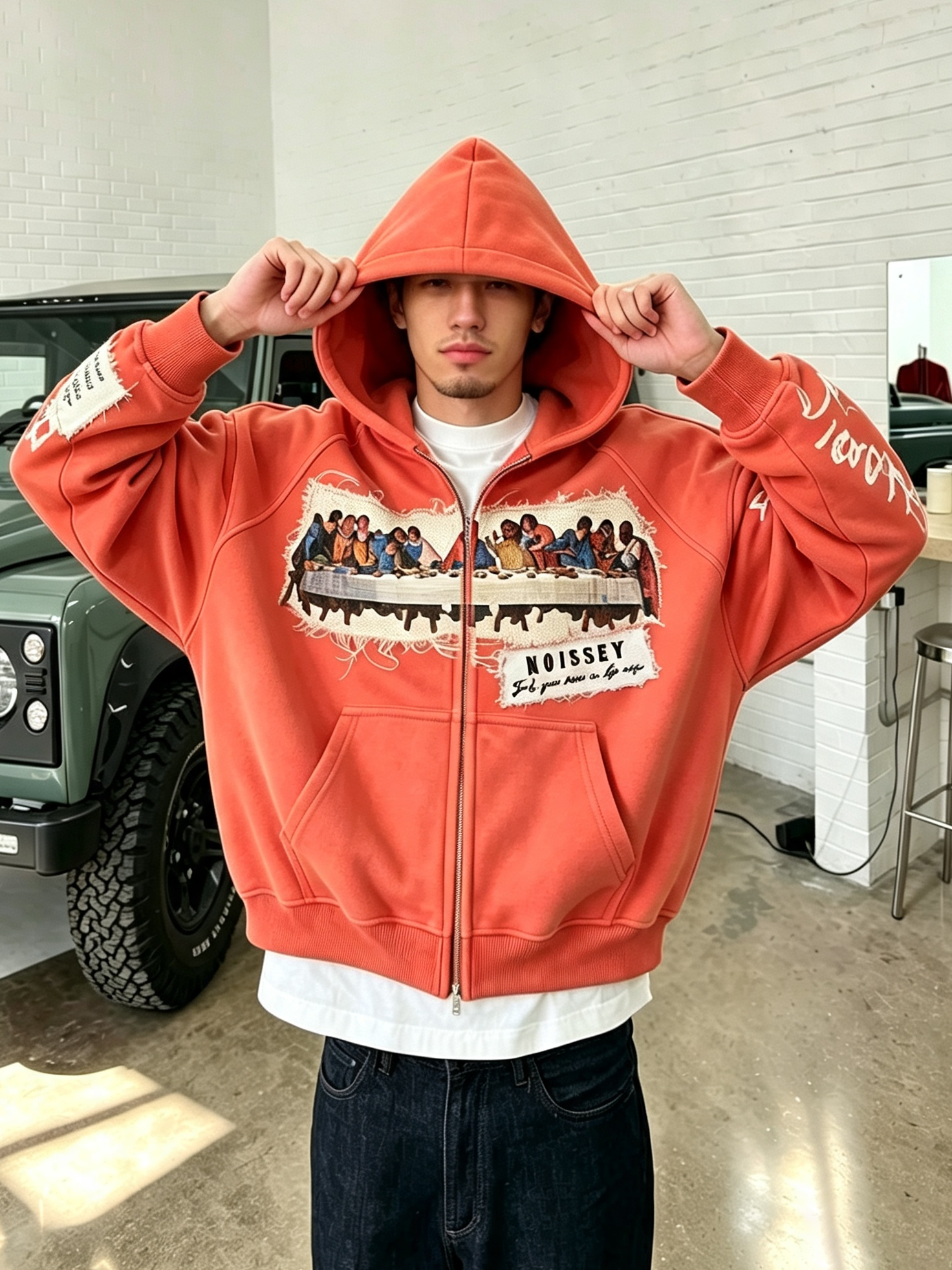 NOISSEY Vintage "The Last Supper" Faux Raw-Edge Patchwork Full-Zip Hoodie - Heritage Orange