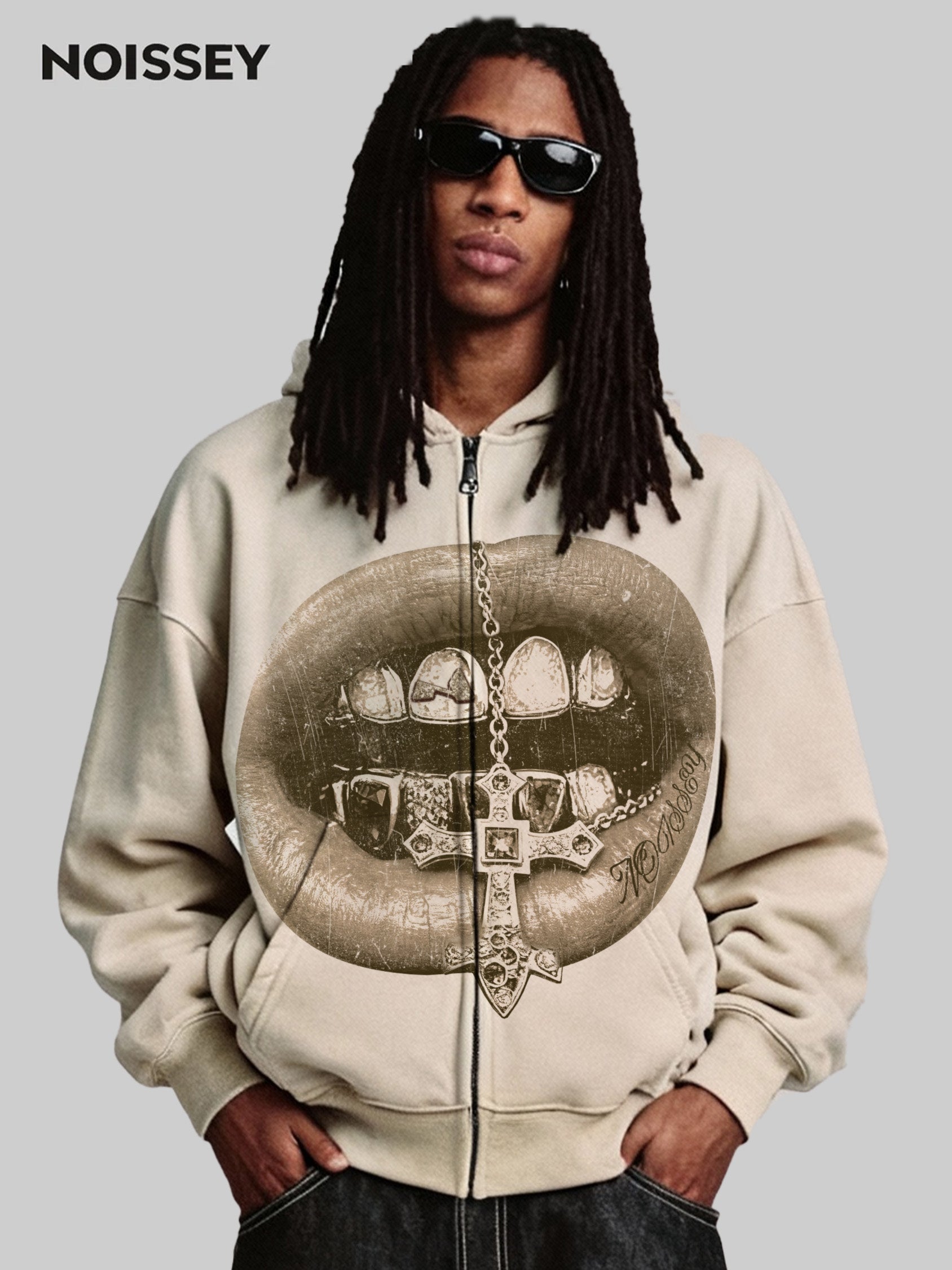 Retro Monochrome Cross Grillz Shell-colored Print Boxy Hoodie