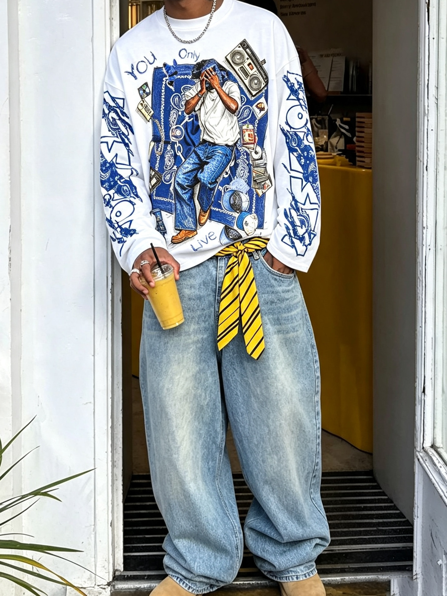 NOISSEY YOLO Blue Paisley Vintage Rap Sketch Graphic Long Sleeve - White / Black Boxy Streetwear Shirt