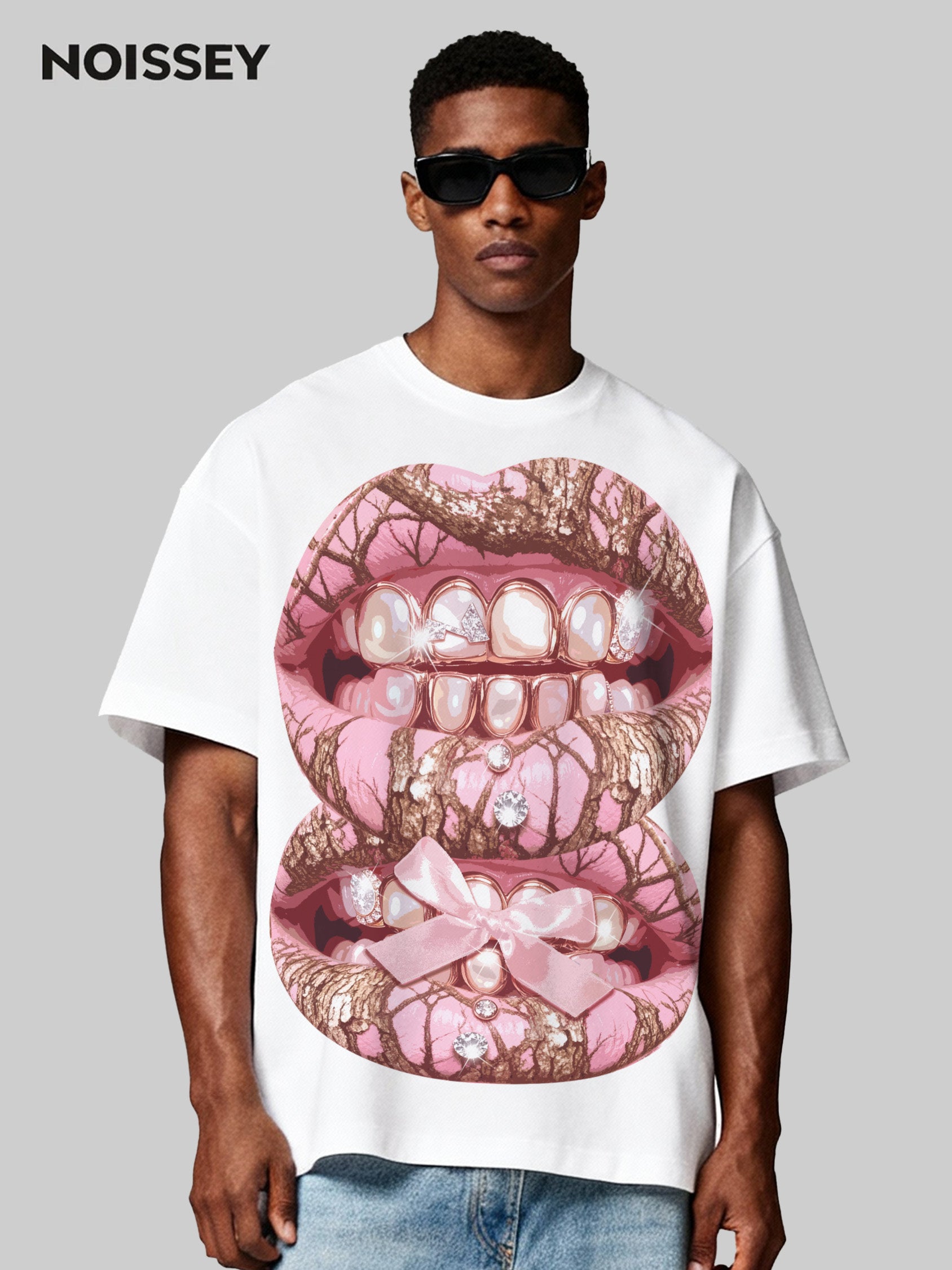 Pink Pearl Real Tree Art Grillz Print Boxy Oversized T-shirt