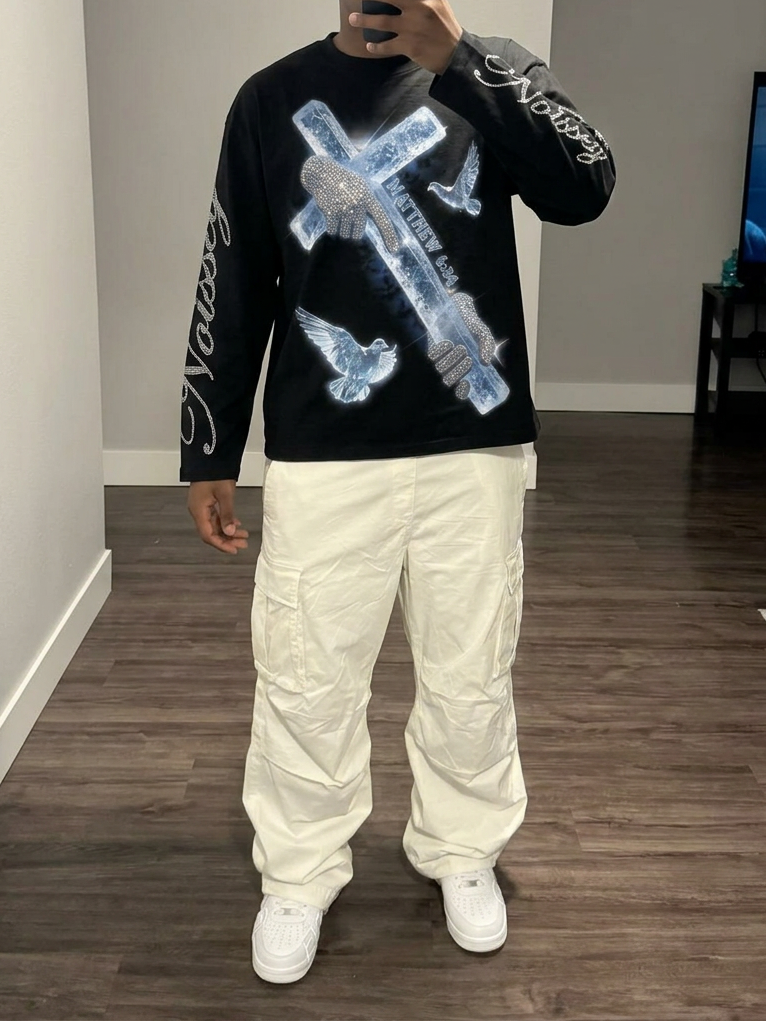NOISSEY "Matthew 6:34" Crystal Cross & Diamond Hands Black Long Sleeve Tee