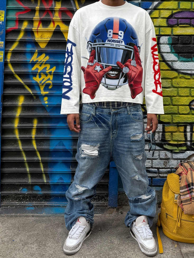 NOISSEY Red &amp; Blue Football Helmet Dual-Color Sleeve White Long Sleeve Shirt