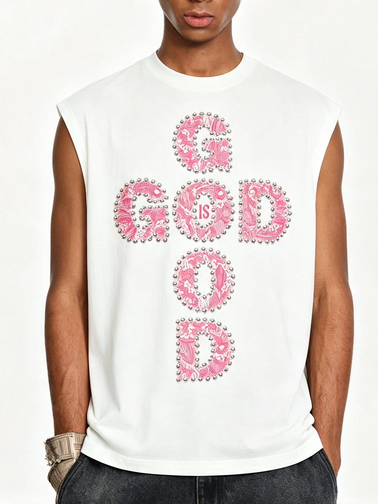 NOISSEY GOD IS GOOD! Lace Pearl Edge Print Tank Top