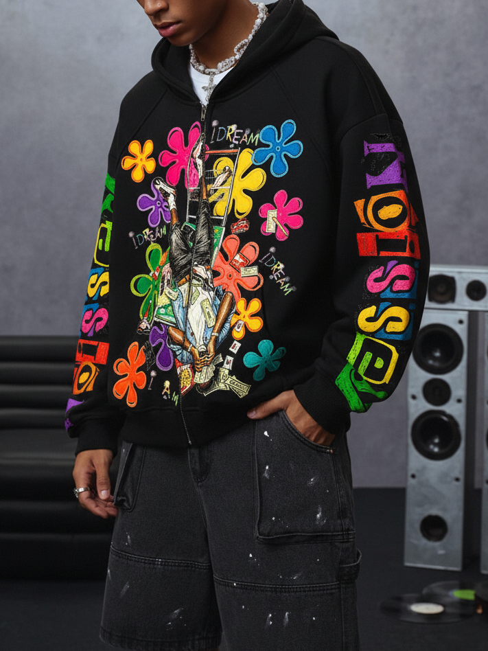 NOISSEY Colorful Graffiti Flower & Dreamer Portrait Full-Zip Hoodie - Classic Black / Pure White