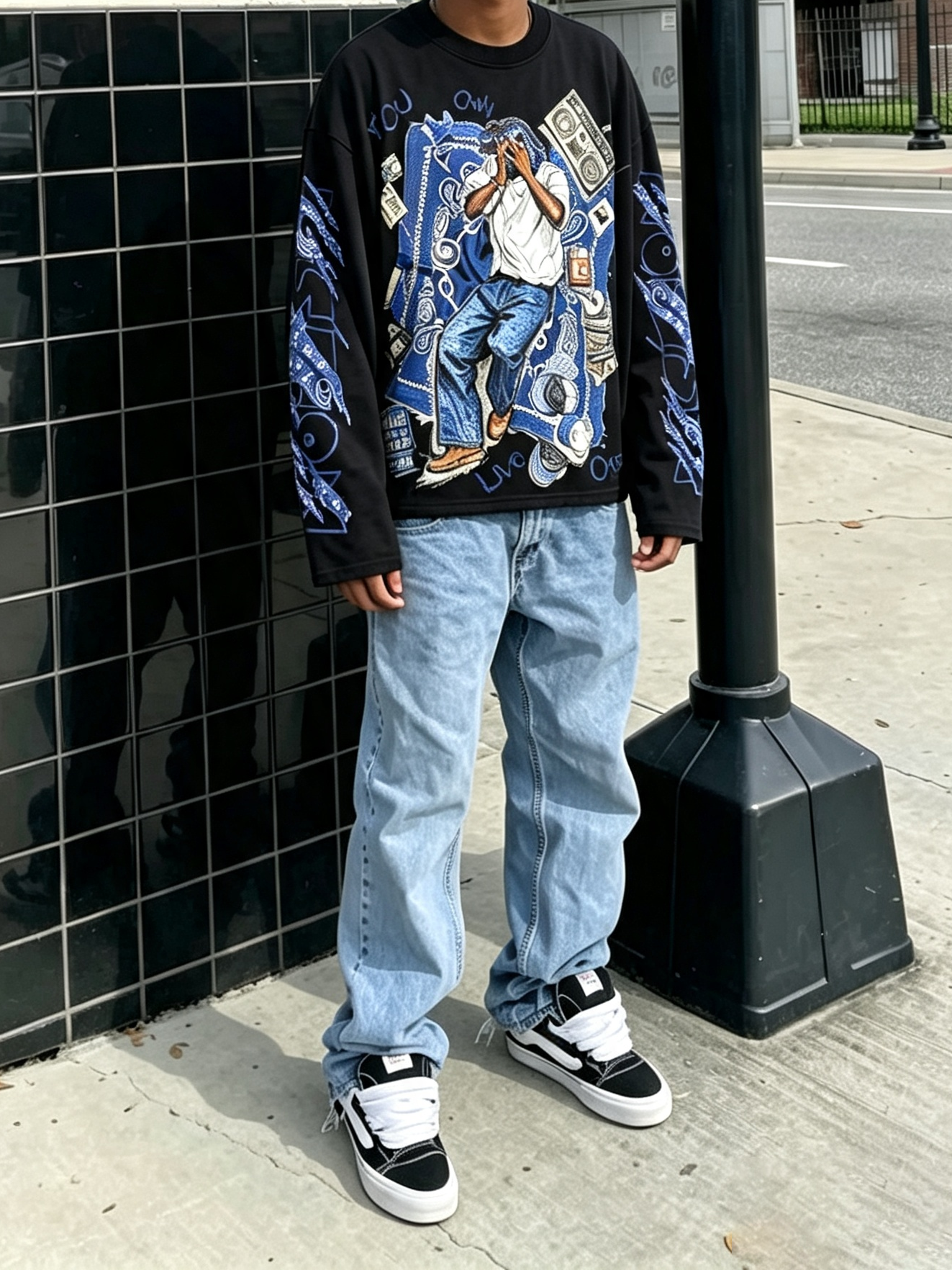 NOISSEY YOLO Blue Paisley Vintage Rap Sketch Graphic Long Sleeve - White / Black Boxy Streetwear Shirt