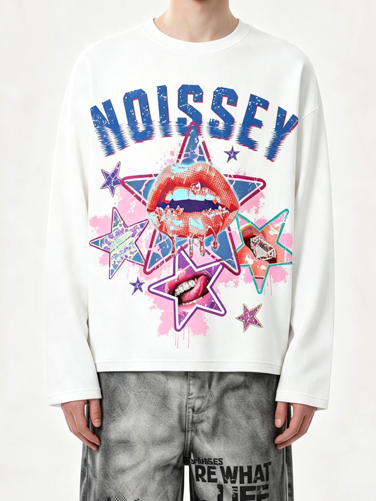 NOISSEY Y2K Vintage Grillz Lips & Star Collage Long-Sleeve Sweatshirt - Pure White