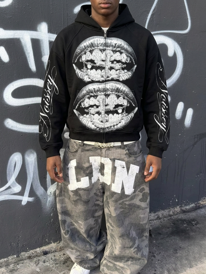 NOISSEY Silver Metallic Lips & Chrome Cross Graphic Boxy Hoodie – Black