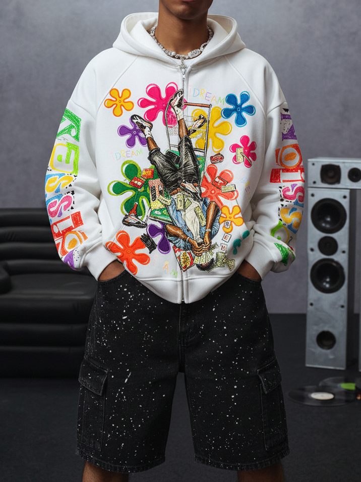 NOISSEY Colorful Graffiti Flower & Dreamer Portrait Full-Zip Hoodie - Classic Black / Pure White