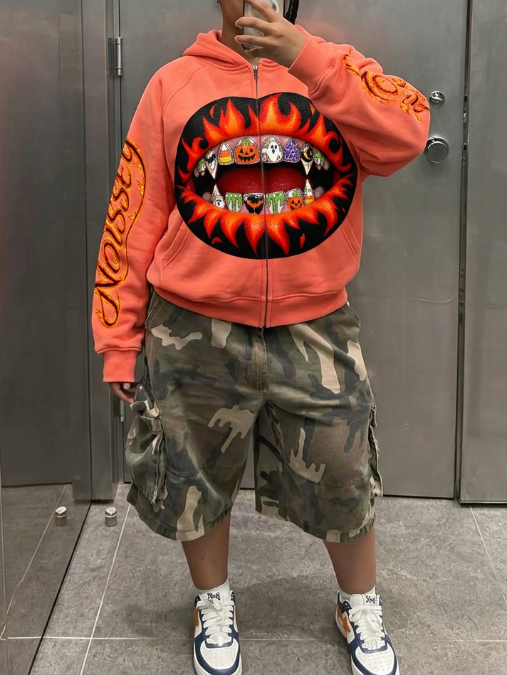 NOISSEY "Spooky Grillz" Flame Lips &amp; Halloween Diamond Grillz Orange Zip-Up Hoodie
