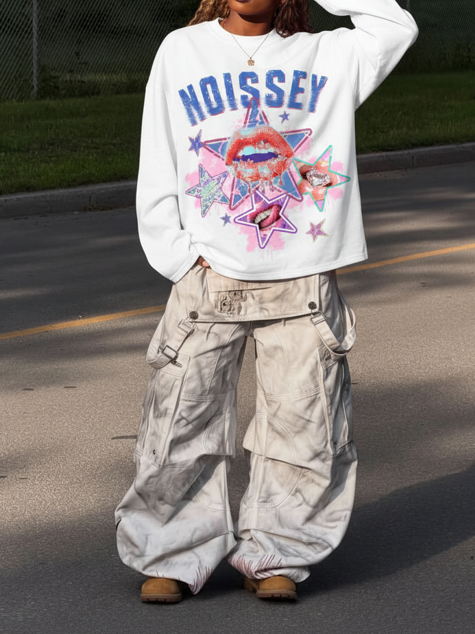 NOISSEY Y2K Vintage Grillz Lips & Star Collage Long-Sleeve Sweatshirt - Pure White