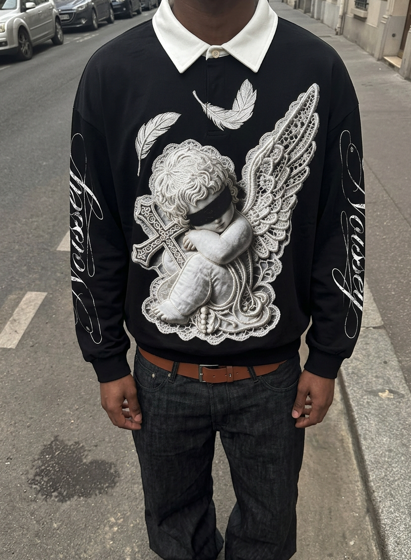 NOISSEY Faux-Lace Blindfolded Angel Cross Graphic Heavyweight Contrast Collar Polo Long Sleeves