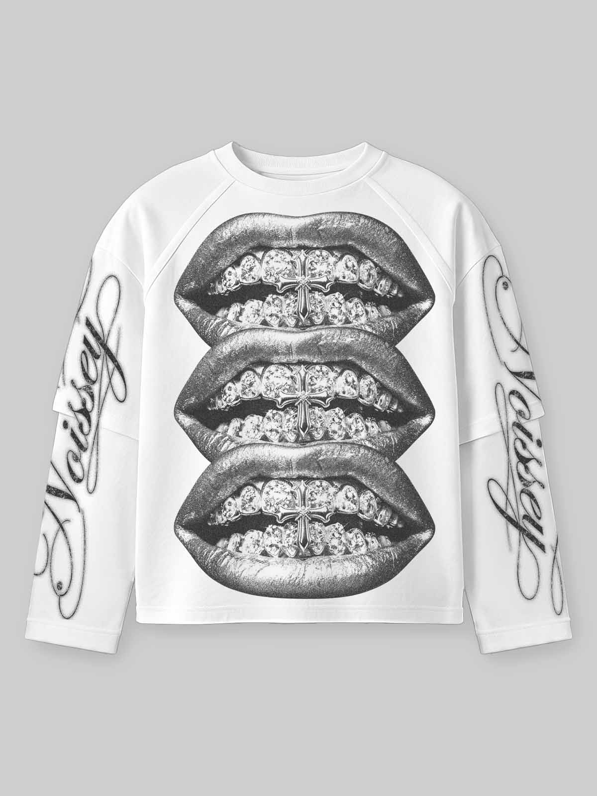 NOISSEY Monochrome Triple Iced-Out Cross Lips Faux Layer Sweatshirt - White Streetwear