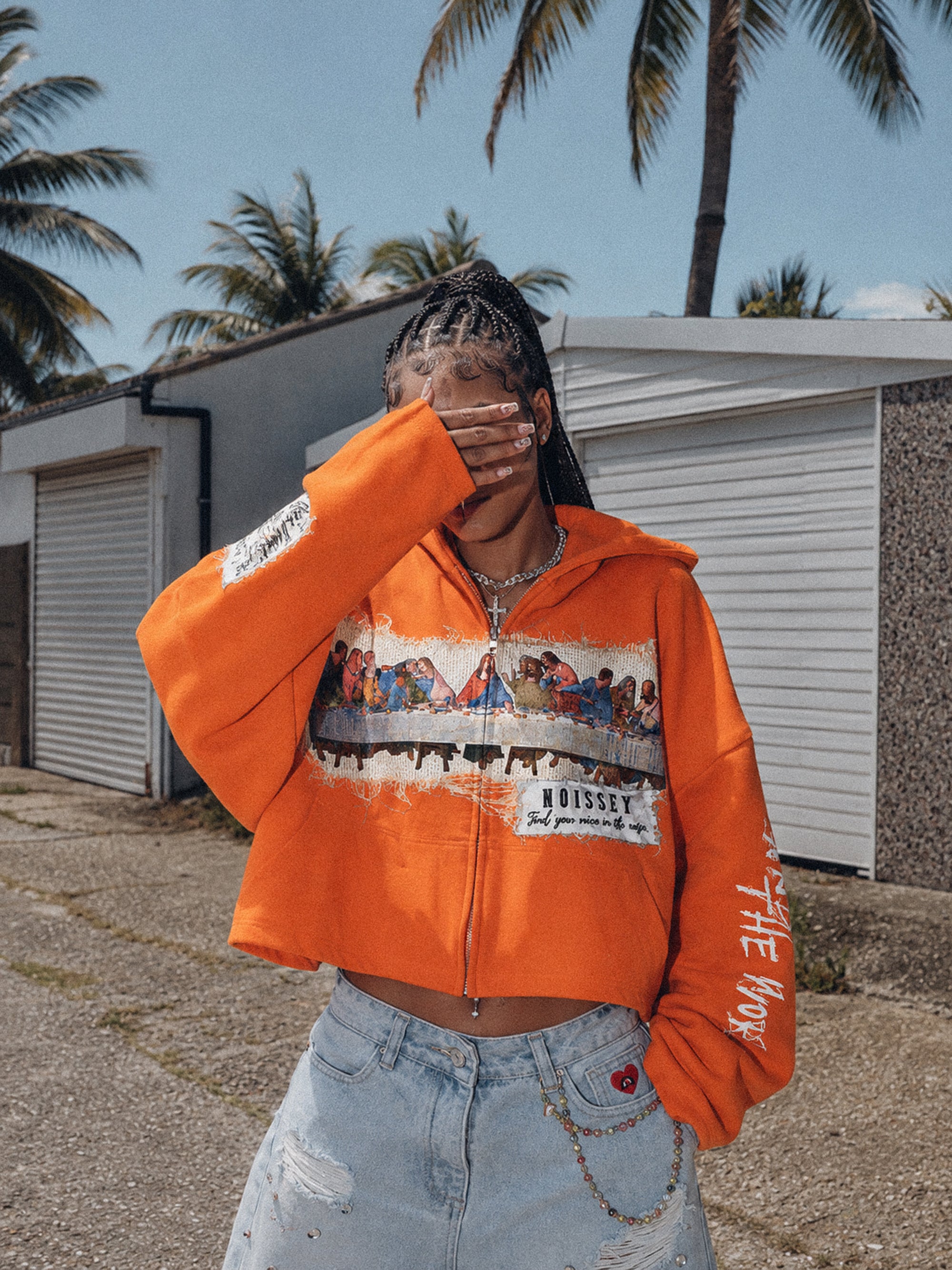 NOISSEY Vintage "The Last Supper" Faux Raw-Edge Patchwork Full-Zip Hoodie - Heritage Orange