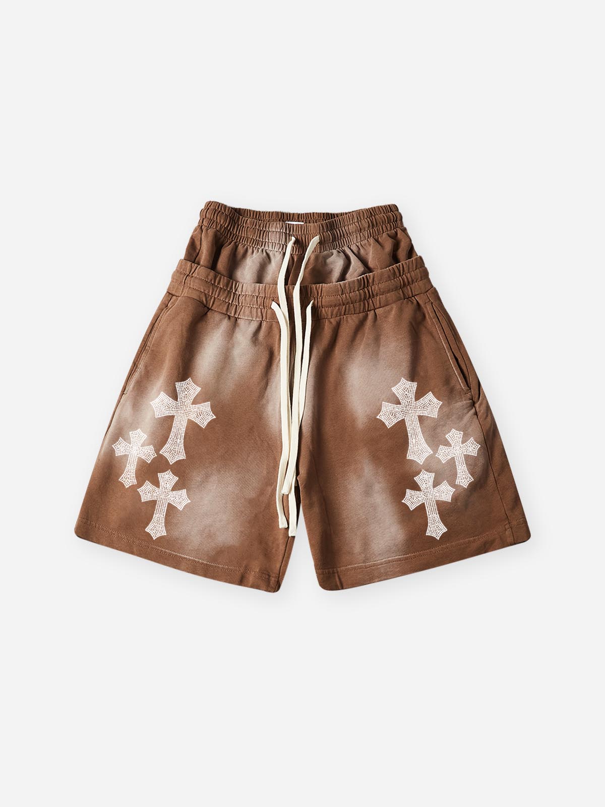 NOISSEY Rhinestone Gothic Cross Heavy Sweat Shorts - 4 Colors Available