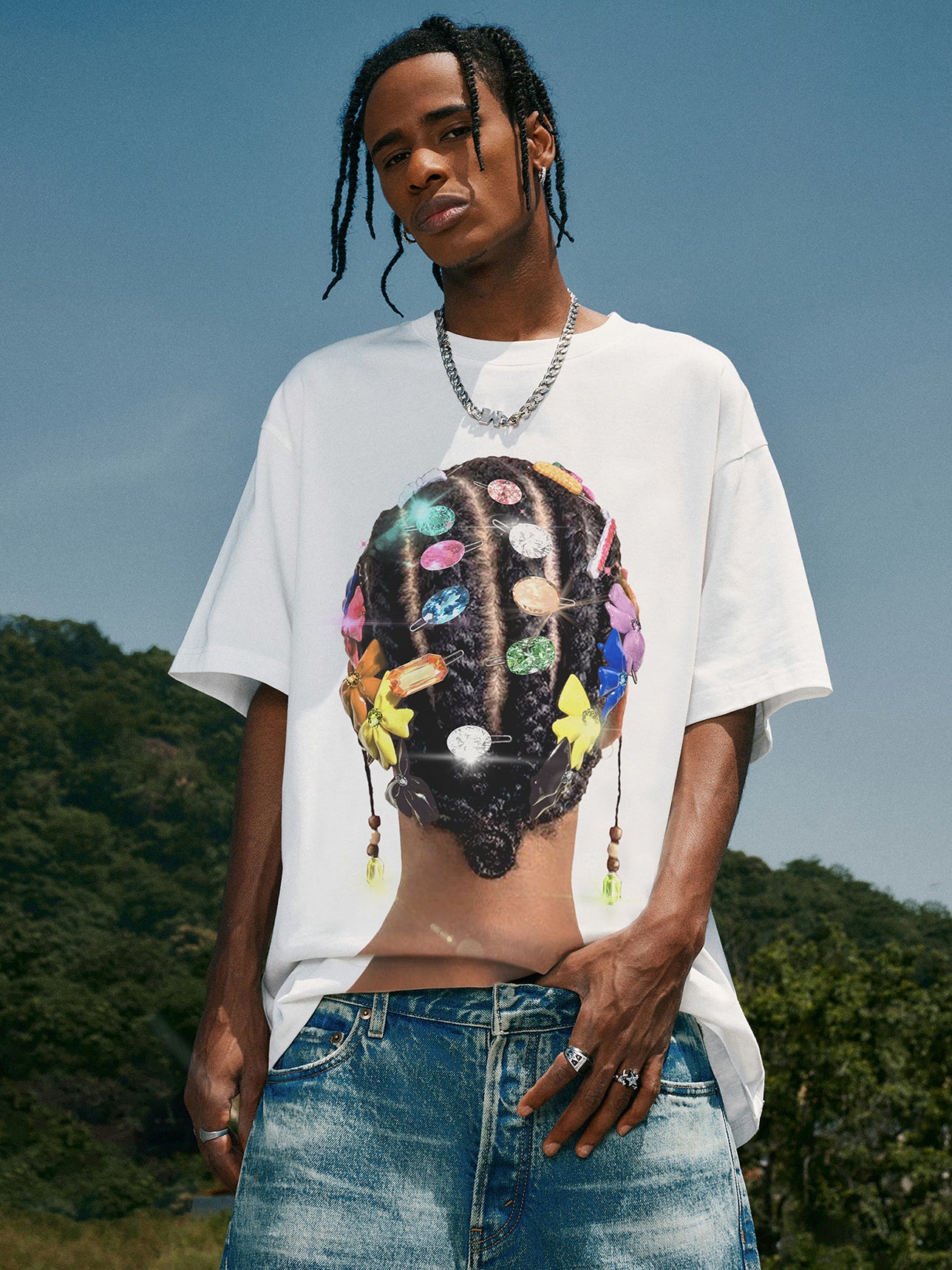 BOUNCE BACK© Vibrant colored diamonds and trendy braided print T-shirt