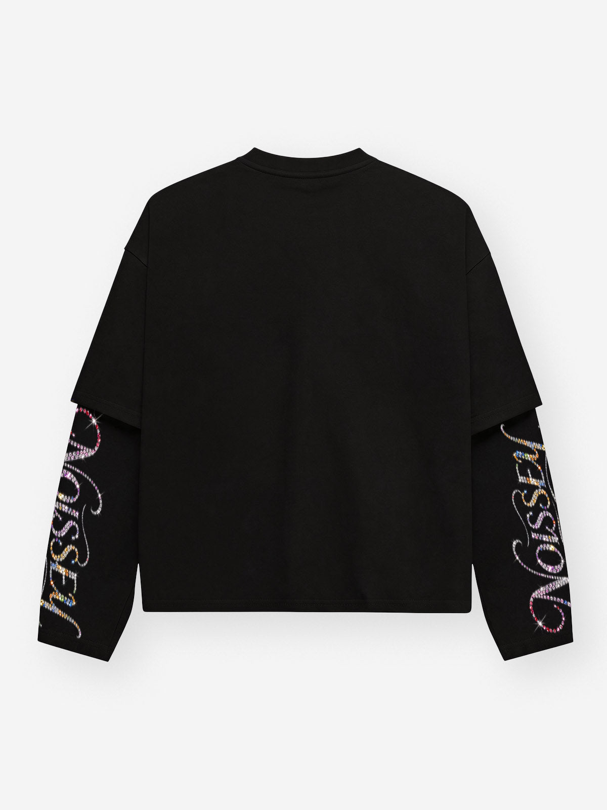 NOISSEY Rhinestone Gun & Pink Lipstick Graphic Faux Layer Long Sleeve Tee – Black