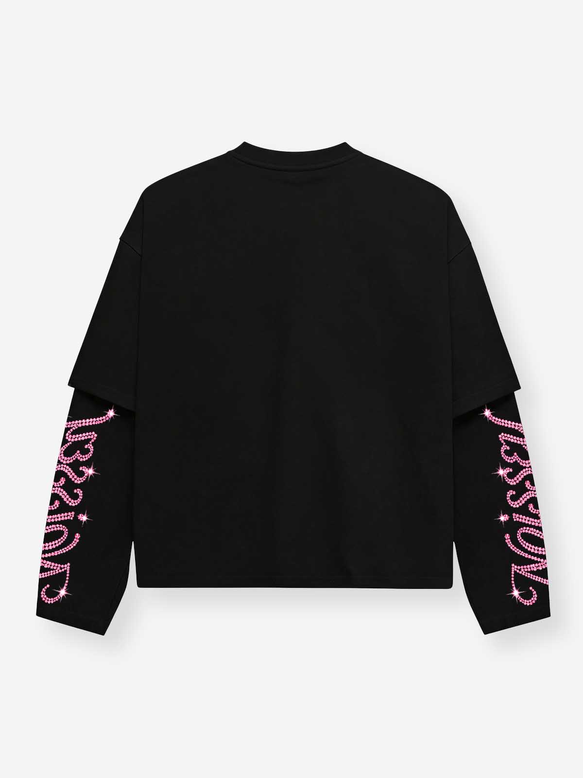 NOISSEY "Life Sucks" Rhinestone Gun &amp; Pink Hair Girl Faux Layered Long Sleeve Tee